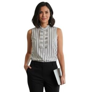 Banana Republic Factory Sleeveless Ruffle Neck Striped Button Down Black Size 6